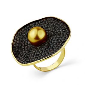 Кольцо из лимонного золота Мастер Бриллиант 06M1-308536-00-55 с жемчугом и чёрным бриллиантом 06M1-308536-00-55 фото