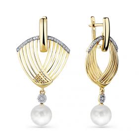 Серьги из лимонного золота Мастер Бриллиант 06M2-308711-00-28 с бриллиантом и жемчугом 06M2-308711-00-28 фото