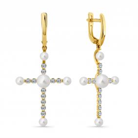 Серьги-кресты из лимонного золота Мастер Бриллиант с жемчугом и бриллиантом 06M2-309365-00-28 06M2-309365-00-28 фото