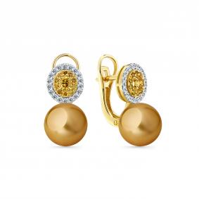 Серьги из лимонного золота Мастер Бриллиант 06M2-309387-00-55 с бриллиантом и жемчугом 06M2-309387-00-55 фото