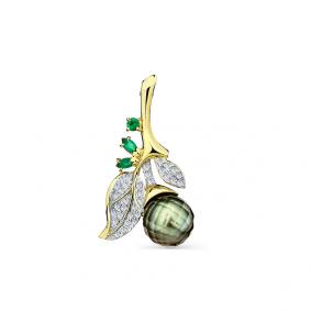 Брошь из лимонного золота Мастер Бриллиант 06M7-370369-00-24 с бриллиантом, изумрудом и жемчугом 06M7-370369-00-24 фото