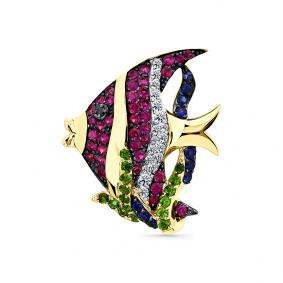 Брошь из лимонного золота Мастер Бриллиант 06M7-370389-00-56 с бриллиантом, рубином, сапфиром, чёрным бриллиантом и хромдиопсидом 06M7-370389-00-56 фото