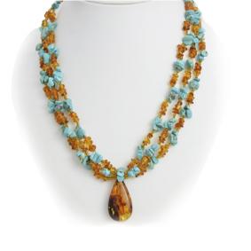 Колье Янтарная волна 11-00000 с янтарём и бирюзой 11-00000 фото