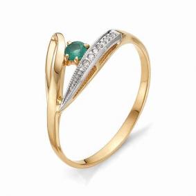 Золотое кольцо АЛЬКОР 11235-101 с бриллиантом и изумрудом 11235-101 фото