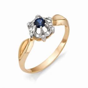 Золотое кольцо АЛЬКОР 11303-130 с бриллиантом и гидротермальным сапфиром 11303-130 фото