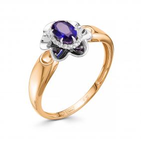Золотое кольцо АЛЬКОР 12509-130 с бриллиантом и гидротермальным сапфиром 12509-130 фото