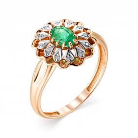 Золотое кольцо АЛЬКОР 13174-101 с бриллиантом и изумрудом 13174-101 фото