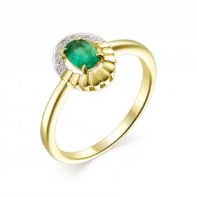 Кольцо из лимонного золота АЛЬКОР 13480-301 с бриллиантом и изумрудом 13480-301 фото