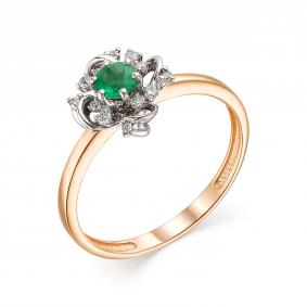 Золотое кольцо АЛЬКОР 13543-101 с бриллиантом и изумрудом 13543-101 фото