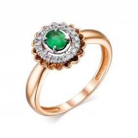 Золотое кольцо АЛЬКОР 13727-101 с бриллиантом и изумрудом 13727-101 фото