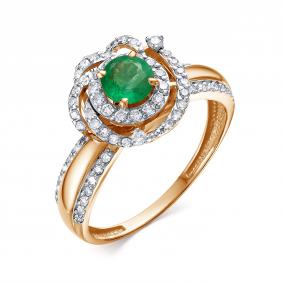 Золотое кольцо АЛЬКОР 14338-101 с бриллиантом и изумрудом 14338-101 фото