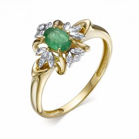Кольцо из лимонного золота АЛЬКОР 14342-301 с бриллиантом и изумрудом 14342-301 фото