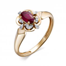 Золотое кольцо АЛЬКОР 14343-103 с бриллиантом и рубином 14343-103 фото