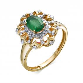 Кольцо из лимонного золота АЛЬКОР 14344-301 с бриллиантом и изумрудом 14344-301 фото