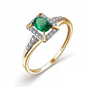 Кольцо из лимонного золота АЛЬКОР 14371-301 с бриллиантом и изумрудом 14371-301 фото