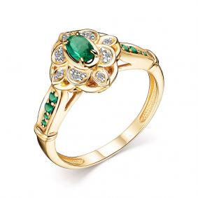 Кольцо из лимонного золота АЛЬКОР 14431-301 с бриллиантом и изумрудом 14431-301 фото