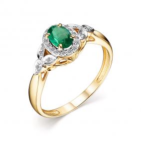 Кольцо из лимонного золота АЛЬКОР 14438-301 с бриллиантом и изумрудом 14438-301 фото