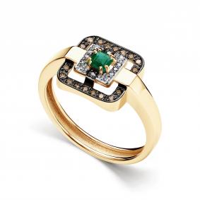 Кольцо из лимонного золота АЛЬКОР 16697-365 с бриллиантом, изумрудом и коньячным бриллиантом 16697-365 фото