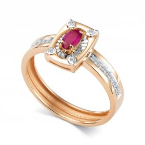 Золотое кольцо АЛЬКОР 17022-103 с бриллиантом и рубином 17022-103 фото
