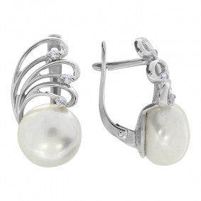 Серебряные серьги Жемчужное подворье 2151278b с фианитом и жемчугом 2151278b фото