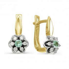 Золотые серьги АЛЬКОР 21854-301 с бриллиантом и изумрудом 21854-301 фото