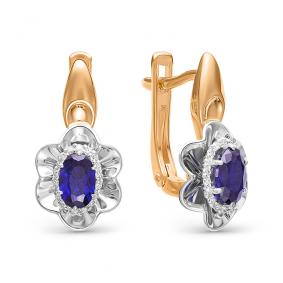 Золотые серьги АЛЬКОР 22509-130 с бриллиантом и гидротермальным сапфиром 22509-130 фото