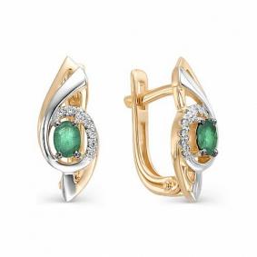 Золотые серьги АЛЬКОР 22579-101 с бриллиантом и изумрудом 22579-101 фото