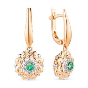 Золотые серьги АЛЬКОР 22685-101 с бриллиантом и изумрудом 22685-101 фото