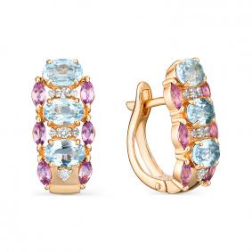 Золотые серьги АЛЬКОР 22851-105 с топазом, аметистом и бриллиантом 22851-105 фото