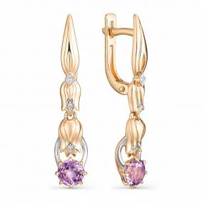 Золотые серьги АЛЬКОР 22907-108 с аметистом и бриллиантом 22907-108 фото