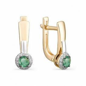 Золотые серьги АЛЬКОР 23086-101 с бриллиантом и изумрудом 23086-101 фото