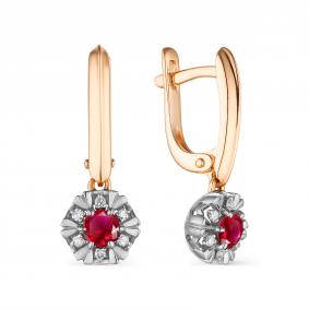 Золотые серьги АЛЬКОР 23503-103 с бриллиантом и рубином 23503-103 фото