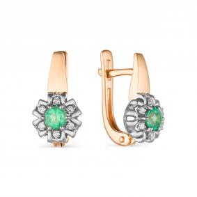 Золотые серьги АЛЬКОР 23504-101 с бриллиантом и изумрудом 23504-101 фото