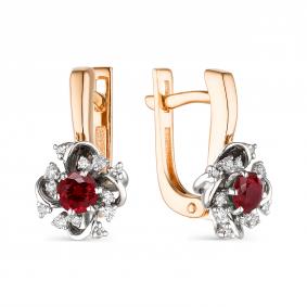 Золотые серьги АЛЬКОР 23543-103 с бриллиантом и рубином 23543-103 фото