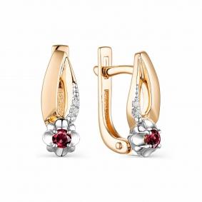 Золотые серьги АЛЬКОР 23584-103 с бриллиантом и рубином 23584-103 фото