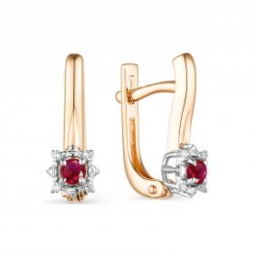 Золотые серьги АЛЬКОР 23617-103 с бриллиантом и рубином 23617-103 фото