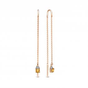 Золотые серьги АЛЬКОР 24128-120 с бриллиантом и цитрином 24128-120 фото