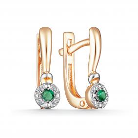 Золотые серьги АЛЬКОР 24153-101 с бриллиантом и изумрудом 24153-101 фото
