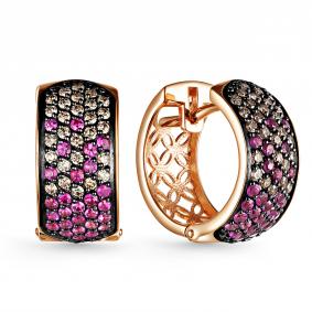 Золотые серьги АЛЬКОР 24687-103 с бриллиантом и рубином 24687-103 фото