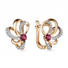 Золотые серьги АЛЬКОР 24901-103 с бриллиантом и рубином 24901-103 фото