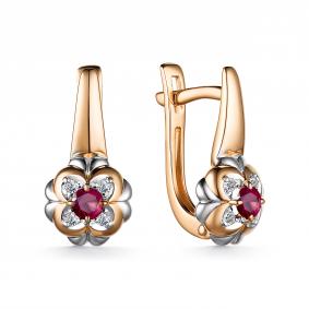 Золотые серьги АЛЬКОР 25166-103 с бриллиантом и рубином 25166-103 фото