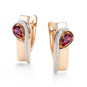 Золотые серьги АЛЬКОР 26438-103 с бриллиантом и рубином 26438-103 фото