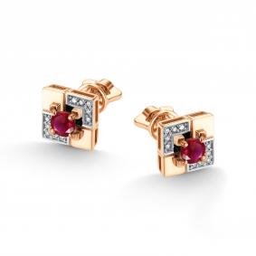 Золотые серьги АЛЬКОР 26896-103 с бриллиантом и рубином 26896-103 фото