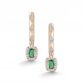 Золотые серьги АЛЬКОР 26898-101 с бриллиантом и изумрудом 26898-101 фото
