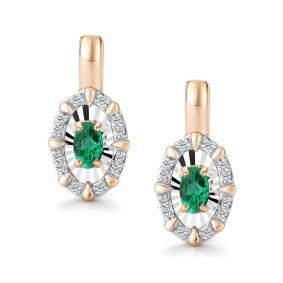 Золотые серьги АЛЬКОР 27021-101 с бриллиантом и изумрудом 27021-101 фото
