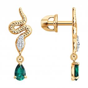 Золотые серьги Символ года Змея SOKOLOV с бриллиантом и изумрудом 3020776 3020776 фото