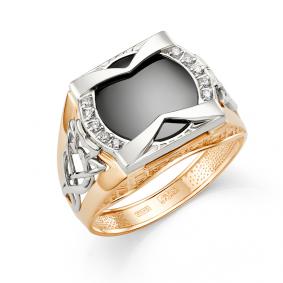 Золотое кольцо Караваевская ювелирная фабрика 41-0179 с ониксом и цирконием 41-0179 фото