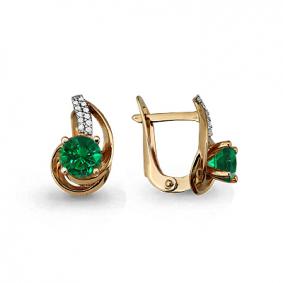 Золотые серьги AQUAMARINE 42985Г с фианитом и гидротермальным изумрудом 42985Г фото