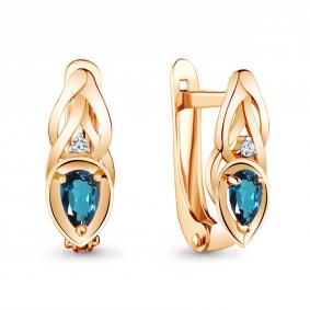 Золотые серьги AQUAMARINE 4734608 с фианитом и Лондон топазом 4734608 фото