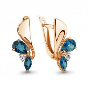 Золотые серьги AQUAMARINE 4786608А с фианитом и Лондон топазом 4786608А фото